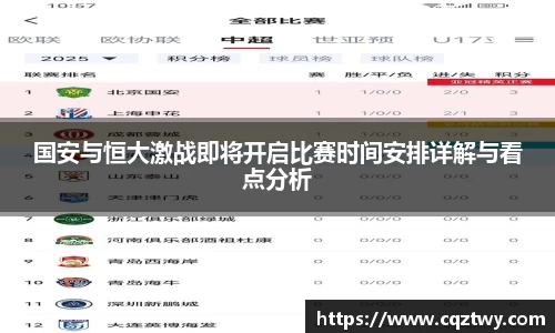 国安与恒大激战即将开启比赛时间安排详解与看点分析